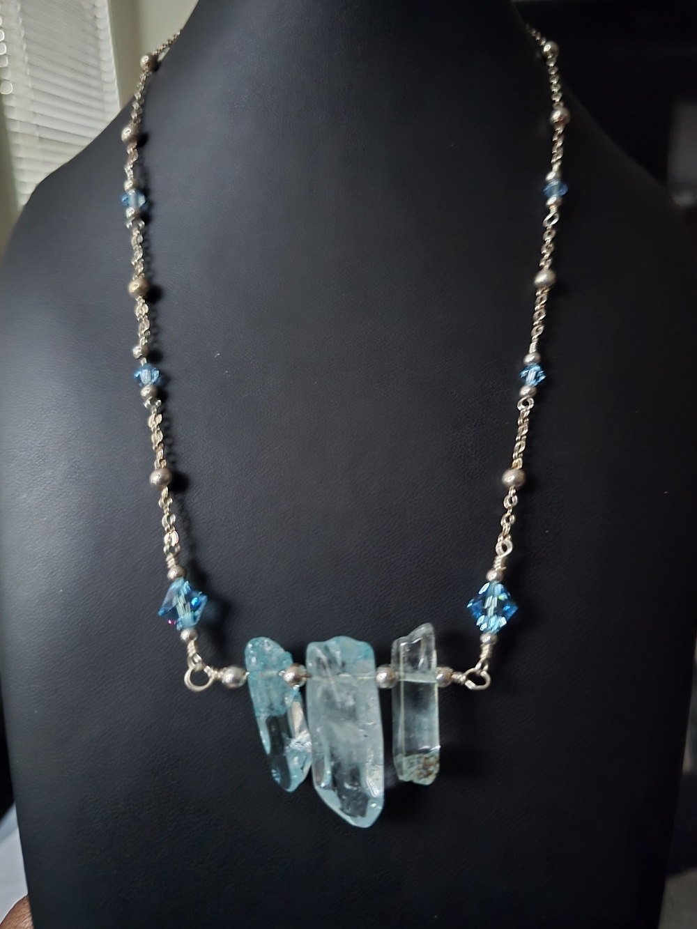 Handmade Raw Aqua Quartz Crystal Point Spike Necklace Blue Boho Chic